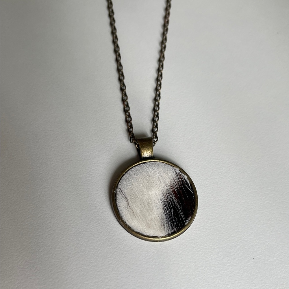 3 for $15 Round Metallic Pendant Necklace with faux cow hide Finish